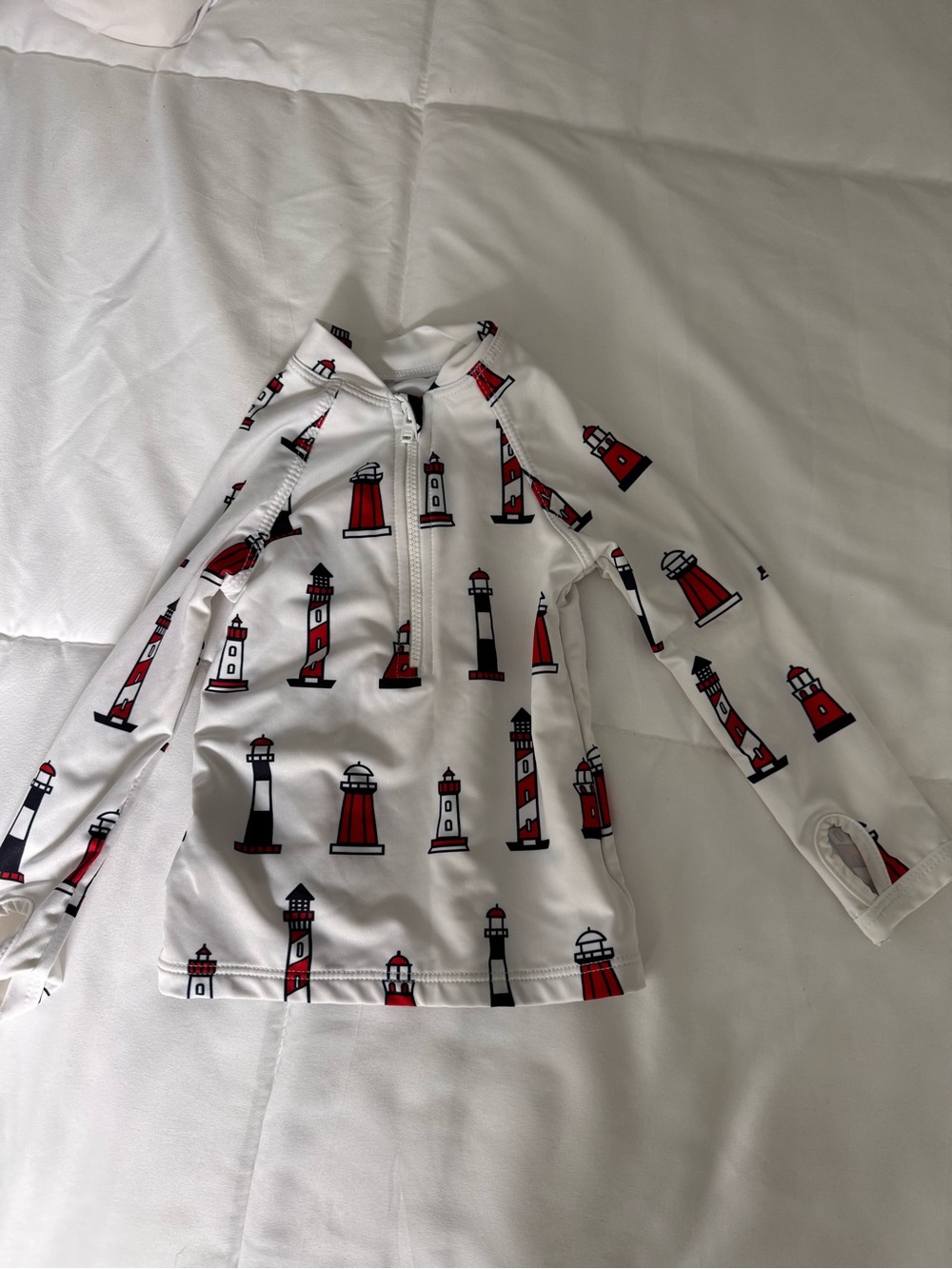 Kids White Rashguard with Red & Navy Lighthouse Print